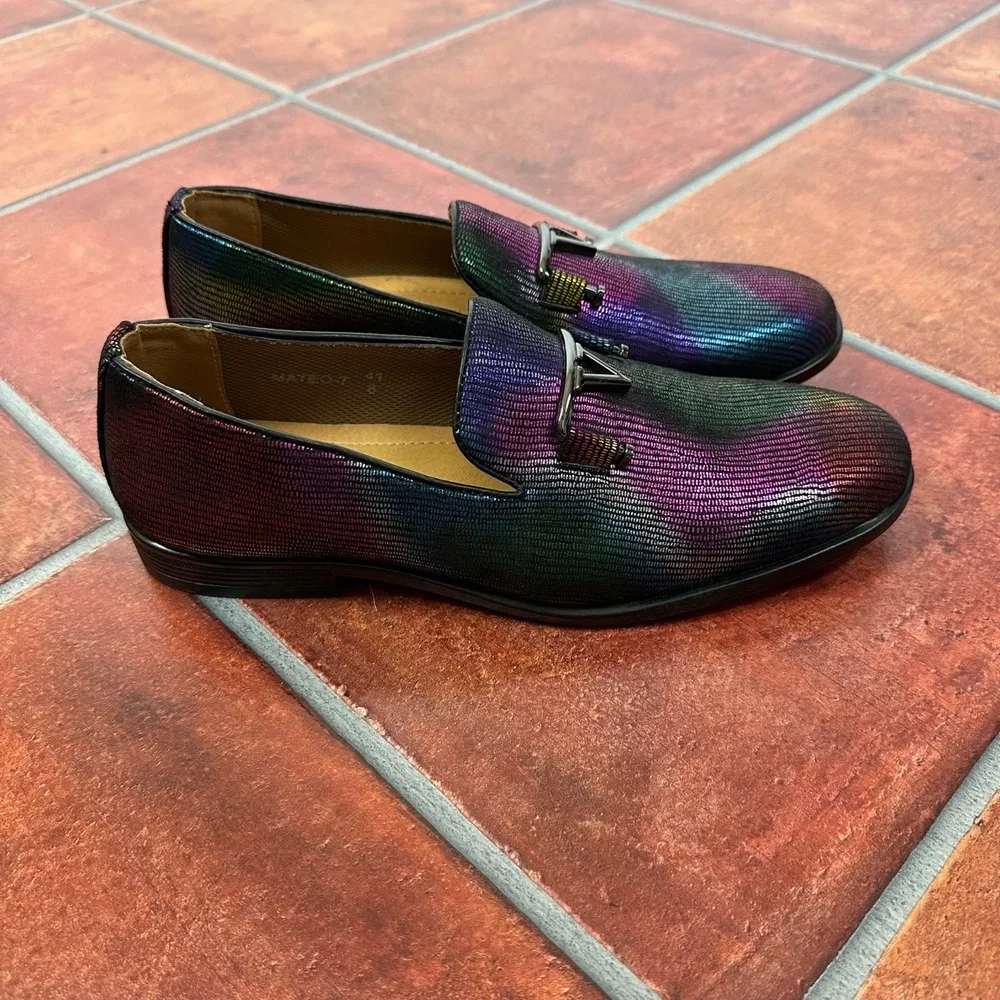 Unique Adolfo Multicolor Textured Metallic Emblem Mens Loafers Size 8